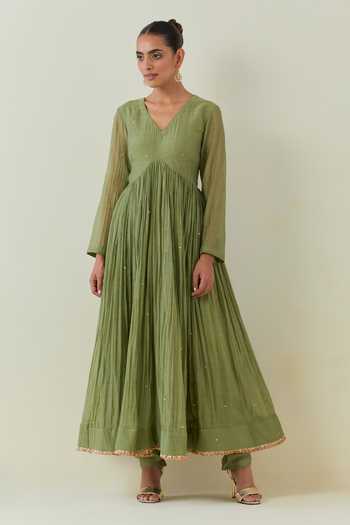 Buy Ikshita Choudhary Green Chanderi, Chiffon Sequins, Fringe, Embellished Anarkali Churidar Set Online at Aza Fashions Buy_Ikshita Choudhary_Green Chanderi, Chiffon Sequins, Fringe, Embellished Anarkali Churidar Set _Online_at_Aza_Fashions