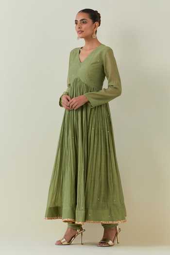 Shop Ikshita Choudhary Green Chanderi, Chiffon Sequins, Fringe, Embellished Anarkali Churidar Set Online at Aza Fashions Shop_Ikshita Choudhary_Green Chanderi, Chiffon Sequins, Fringe, Embellished Anarkali Churidar Set _Online_at_Aza_Fashions