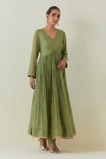 Ikshita Choudhary Green Chanderi, Chiffon Sequins, Fringe, Embellished Anarkali Churidar Set at Aza Fashions Ikshita Choudhary_Green Chanderi, Chiffon Sequins, Fringe, Embellished Anarkali Churidar Set _at_Aza_Fashions