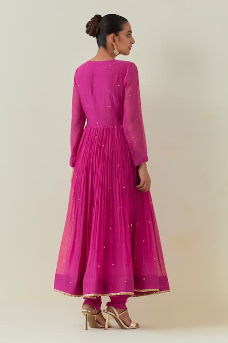 Shop Ikshita Choudhary Pink Chanderi Sequins, Fringe, Embroidery V-neck Work Anarkali Churidar Set at Aza Fashions Shop_Ikshita Choudhary_Pink Chanderi Sequins, Fringe, Embroidery V-neck Work Anarkali Churidar Set_at_Aza_Fashions