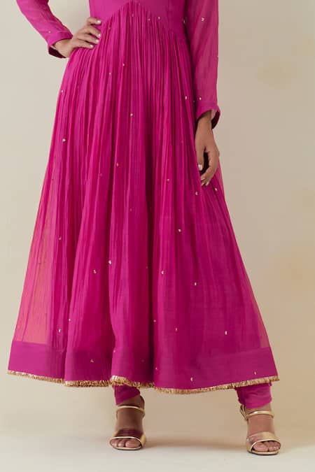 Ikshita Choudhary Pink Chanderi Sequins, Fringe, Embroidery V-neck Work Anarkali Churidar Set Online at Aza Fashions Ikshita Choudhary_Pink Chanderi Sequins, Fringe, Embroidery V-neck Work Anarkali Churidar Set_Online_at_Aza_Fashions