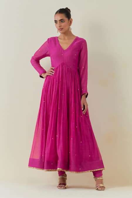 Buy Ikshita Choudhary Pink Chanderi Sequins, Fringe, Embroidery V-neck Work Anarkali Churidar Set Online at Aza Fashions Buy_Ikshita Choudhary_Pink Chanderi Sequins, Fringe, Embroidery V-neck Work Anarkali Churidar Set_Online_at_Aza_Fashions