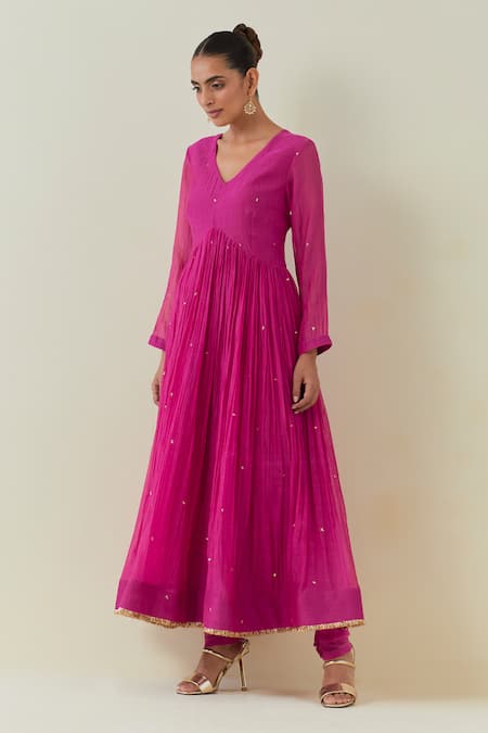 Shop Ikshita Choudhary Pink Chanderi Sequins, Fringe, Embroidery V-neck Work Anarkali Churidar Set Online at Aza Fashions Shop_Ikshita Choudhary_Pink Chanderi Sequins, Fringe, Embroidery V-neck Work Anarkali Churidar Set_Online_at_Aza_Fashions
