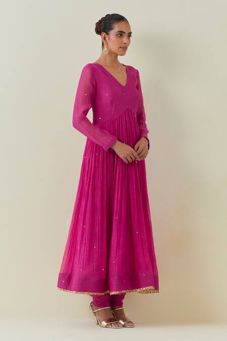 Ikshita Choudhary Pink Chanderi Sequins, Fringe, Embroidery V-neck Work Anarkali Churidar Set at Aza Fashions Ikshita Choudhary_Pink Chanderi Sequins, Fringe, Embroidery V-neck Work Anarkali Churidar Set_at_Aza_Fashions