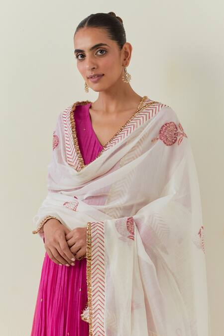 Buy Ikshita Choudhary Pink Chanderi Sequins, Fringe, Embroidery V-neck Work Anarkali Churidar Set Buy_Ikshita Choudhary_Pink Chanderi Sequins, Fringe, Embroidery V-neck Work Anarkali Churidar Set