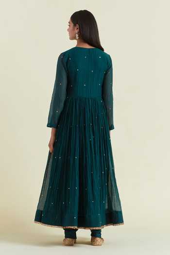 Shop Ikshita Choudhary Blue Chanderi Sequins V-neck Embroidered Gathered Anarkali Churidar Set at Aza Fashions Shop_Ikshita Choudhary_Blue Chanderi Sequins V-neck Embroidered Gathered Anarkali Churidar Set _at_Aza_Fashions