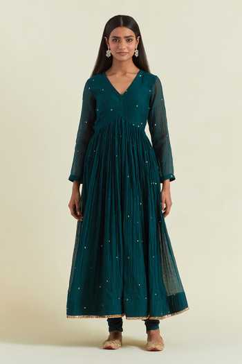 Ikshita Choudhary Blue Chanderi Sequins V-neck Embroidered Gathered Anarkali Churidar Set Online at Aza Fashions Ikshita Choudhary_Blue Chanderi Sequins V-neck Embroidered Gathered Anarkali Churidar Set _Online_at_Aza_Fashions