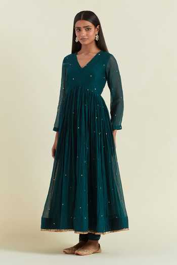 Buy Ikshita Choudhary Blue Chanderi Sequins V-neck Embroidered Gathered Anarkali Churidar Set Online at Aza Fashions Buy_Ikshita Choudhary_Blue Chanderi Sequins V-neck Embroidered Gathered Anarkali Churidar Set _Online_at_Aza_Fashions