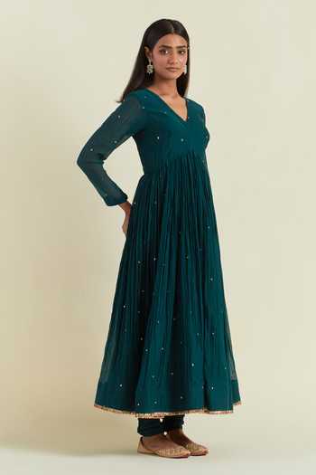 Shop Ikshita Choudhary Blue Chanderi Sequins V-neck Embroidered Gathered Anarkali Churidar Set Online at Aza Fashions Shop_Ikshita Choudhary_Blue Chanderi Sequins V-neck Embroidered Gathered Anarkali Churidar Set _Online_at_Aza_Fashions