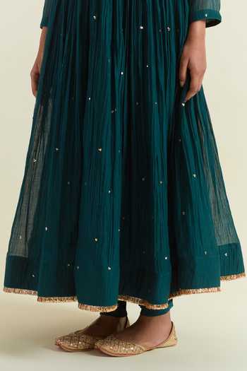 Ikshita Choudhary Blue Chanderi Sequins V-neck Embroidered Gathered Anarkali Churidar Set at Aza Fashions Ikshita Choudhary_Blue Chanderi Sequins V-neck Embroidered Gathered Anarkali Churidar Set _at_Aza_Fashions