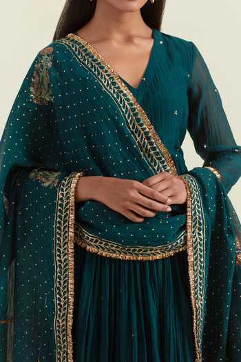 Buy Ikshita Choudhary Blue Chanderi Sequins V-neck Embroidered Gathered Anarkali Churidar Set Buy_Ikshita Choudhary_Blue Chanderi Sequins V-neck Embroidered Gathered Anarkali Churidar Set
