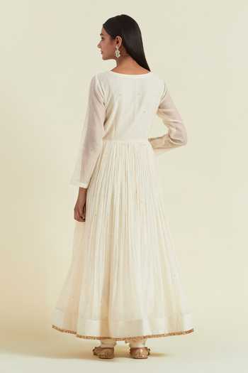 Shop Ikshita Choudhary White Chanderi Sequins, Embroidery V-neck Fringe Lace Anarkali Churidar Set at Aza Fashions Shop_Ikshita Choudhary_White Chanderi Sequins, Embroidery V-neck Fringe Lace Anarkali Churidar Set _at_Aza_Fashions