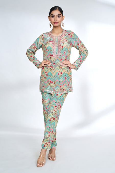 Gopi Vaid Blue Cotton Silk Printed Chevron Round Floral Top And Pant Co-ord Set
