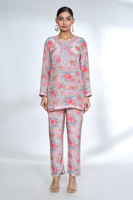 Gopi Vaid_Pink Round Neck Floral Print Top And Pant Set_Online_at_Aza_Fashions