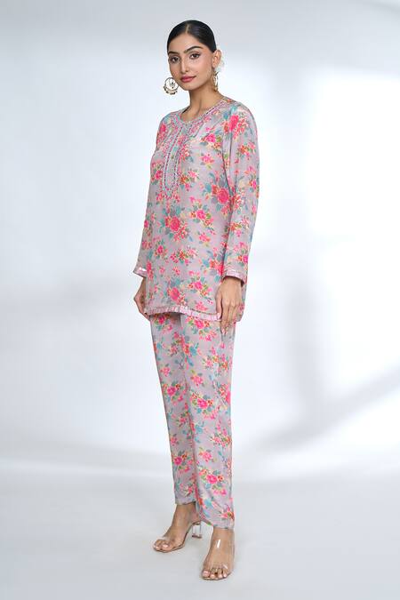 Buy_Gopi Vaid_Pink Round Neck Floral Print Top And Pant Set_Online_at_Aza_Fashions