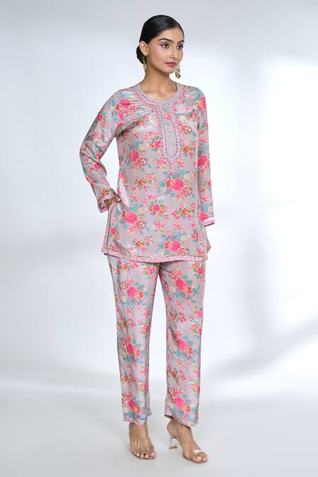 Shop_Gopi Vaid_Pink Round Neck Floral Print Top And Pant Set_Online_at_Aza_Fashions