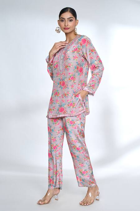 Gopi Vaid_Pink Round Neck Floral Print Top And Pant Set_at_Aza_Fashions