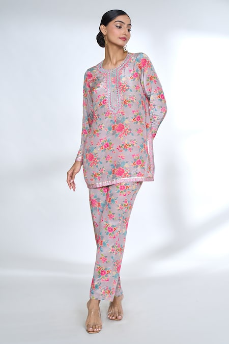 Buy_Gopi Vaid_Pink Round Neck Floral Print Top And Pant Set