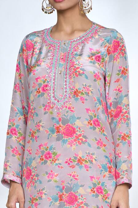 Shop_Gopi Vaid_Pink Round Neck Floral Print Top And Pant Set