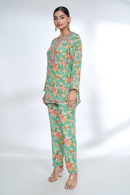 Buy_Gopi Vaid_Green Cotton, Silk Embroidery Round Neck Flower Print Top And Pant Co-ord Set_Online_at_Aza_Fashions