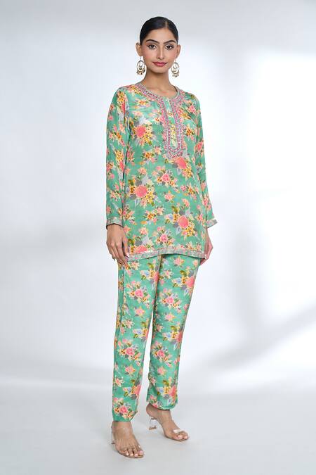 Shop_Gopi Vaid_Green Cotton, Silk Embroidery Round Neck Flower Print Top And Pant Co-ord Set_Online_at_Aza_Fashions