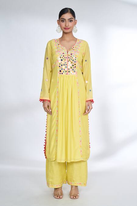 Gopi Vaid_Yellow Tussar, Linen Mirrors, Lace Split V-neck Embroidered Kurta And Palazzo Set _Online_at_Aza_Fashions