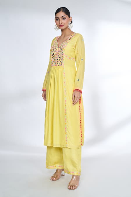 Buy_Gopi Vaid_Yellow Tussar, Linen Mirrors, Lace Split V-neck Embroidered Kurta And Palazzo Set _Online_at_Aza_Fashions