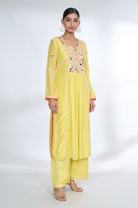 Shop_Gopi Vaid_Yellow Tussar, Linen Mirrors, Lace Split V-neck Embroidered Kurta And Palazzo Set _Online_at_Aza_Fashions