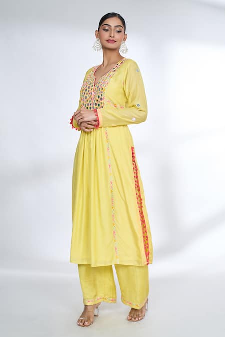 Gopi Vaid_Yellow Tussar, Linen Mirrors, Lace Split V-neck Embroidered Kurta And Palazzo Set _at_Aza_Fashions