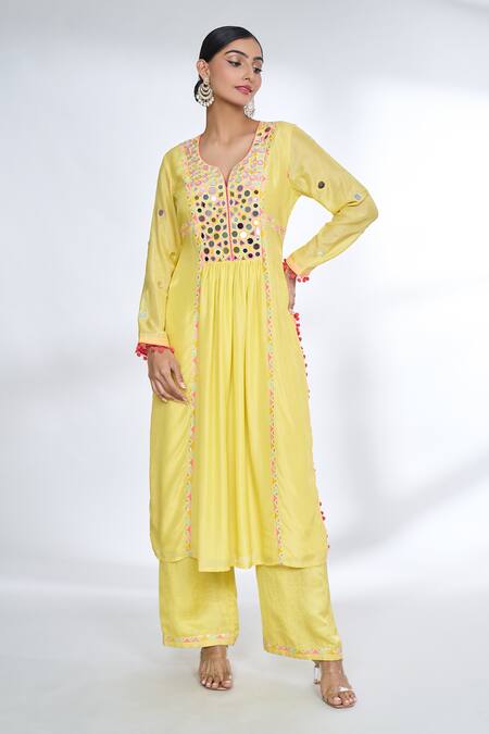 Buy_Gopi Vaid_Yellow Tussar, Linen Mirrors, Lace Split V-neck Embroidered Kurta And Palazzo Set 