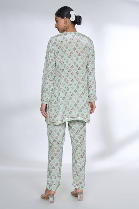Shop Gopi Vaid Gray Cotton, Silk Embroidery Round Neck Floral Jaal Print Top And Pant Set at Aza Fashions Shop_Gopi Vaid_Gray Cotton, Silk Embroidery Round Neck Floral Jaal Print Top And Pant Set _at_Aza_Fashions