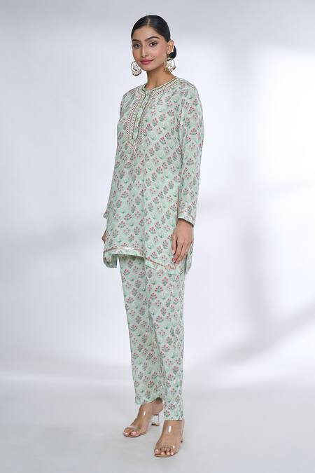 Buy Gopi Vaid Gray Cotton, Silk Embroidery Round Neck Floral Jaal Print Top And Pant Set Online at Aza Fashions Buy_Gopi Vaid_Gray Cotton, Silk Embroidery Round Neck Floral Jaal Print Top And Pant Set _Online_at_Aza_Fashions