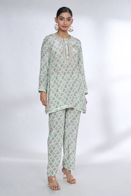 Shop Gopi Vaid Gray Cotton, Silk Embroidery Round Neck Floral Jaal Print Top And Pant Set Online at Aza Fashions Shop_Gopi Vaid_Gray Cotton, Silk Embroidery Round Neck Floral Jaal Print Top And Pant Set _Online_at_Aza_Fashions