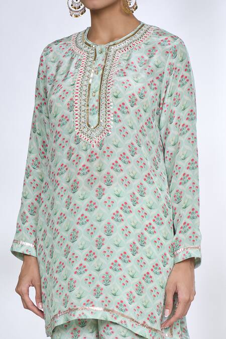 Shop Gopi Vaid Gray Cotton, Silk Embroidery Round Neck Floral Jaal Print Top And Pant Set Shop_Gopi Vaid_Gray Cotton, Silk Embroidery Round Neck Floral Jaal Print Top And Pant Set