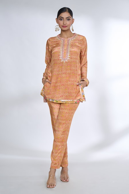 Gopi Vaid Orange Cotton Silk Printed Round Top And Pant Co-ord Set