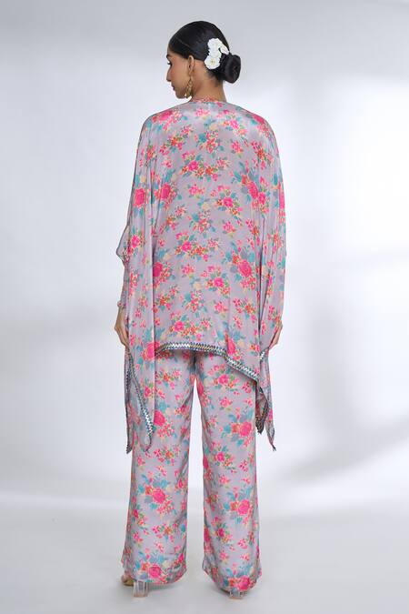 Shop Gopi Vaid Purple Tussar, Silk Tassels V-neck Flower Print Kaftan Kurta And Palazzo Set at Aza Fashions Shop_Gopi Vaid_Purple Tussar, Silk Tassels V-neck Flower Print Kaftan Kurta And Palazzo Set_at_Aza_Fashions