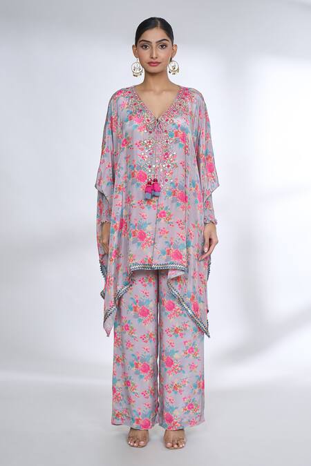 Gopi Vaid Purple Tussar, Silk Tassels V-neck Flower Print Kaftan Kurta And Palazzo Set Online at Aza Fashions Gopi Vaid_Purple Tussar, Silk Tassels V-neck Flower Print Kaftan Kurta And Palazzo Set_Online_at_Aza_Fashions