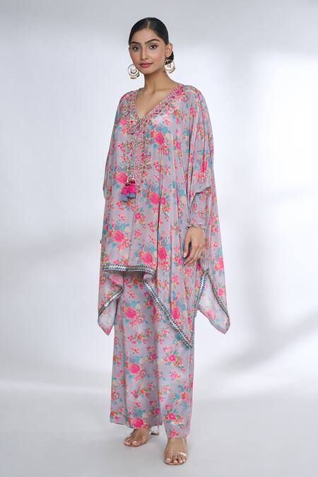 Buy Gopi Vaid Purple Tussar, Silk Tassels V-neck Flower Print Kaftan Kurta And Palazzo Set Online at Aza Fashions Buy_Gopi Vaid_Purple Tussar, Silk Tassels V-neck Flower Print Kaftan Kurta And Palazzo Set_Online_at_Aza_Fashions