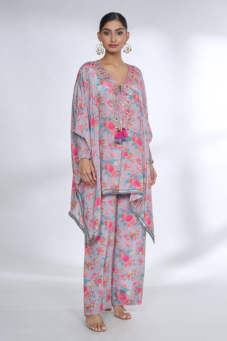 Shop Gopi Vaid Purple Tussar, Silk Tassels V-neck Flower Print Kaftan Kurta And Palazzo Set Online at Aza Fashions Shop_Gopi Vaid_Purple Tussar, Silk Tassels V-neck Flower Print Kaftan Kurta And Palazzo Set_Online_at_Aza_Fashions