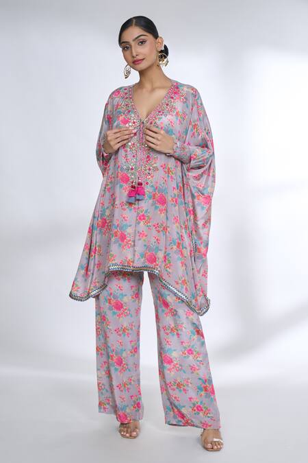Gopi Vaid Purple Tussar, Silk Tassels V-neck Flower Print Kaftan Kurta And Palazzo Set at Aza Fashions Gopi Vaid_Purple Tussar, Silk Tassels V-neck Flower Print Kaftan Kurta And Palazzo Set_at_Aza_Fashions