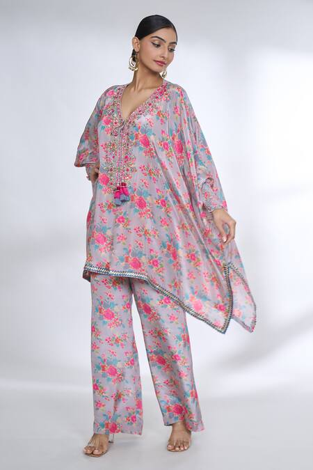 Buy Gopi Vaid Purple Tussar, Silk Tassels V-neck Flower Print Kaftan Kurta And Palazzo Set Buy_Gopi Vaid_Purple Tussar, Silk Tassels V-neck Flower Print Kaftan Kurta And Palazzo Set