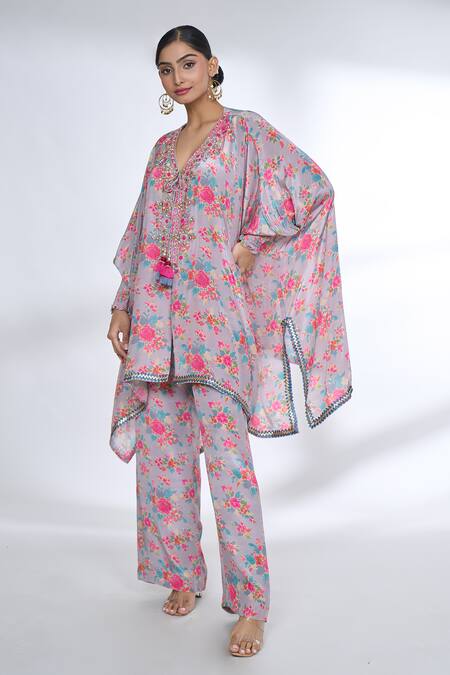 Shop Gopi Vaid Purple Tussar, Silk Tassels V-neck Flower Print Kaftan Kurta And Palazzo Set Shop_Gopi Vaid_Purple Tussar, Silk Tassels V-neck Flower Print Kaftan Kurta And Palazzo Set