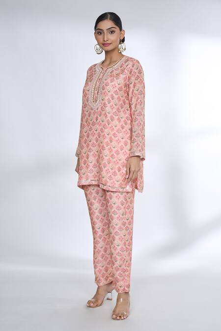 Buy_Gopi Vaid_Pink Cotton, Silk Embroidery Round Neck Flower Jaal Print Top And Pant Co-ord Set _Online_at_Aza_Fashions