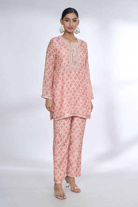 Shop_Gopi Vaid_Pink Cotton, Silk Embroidery Round Neck Flower Jaal Print Top And Pant Co-ord Set _Online_at_Aza_Fashions