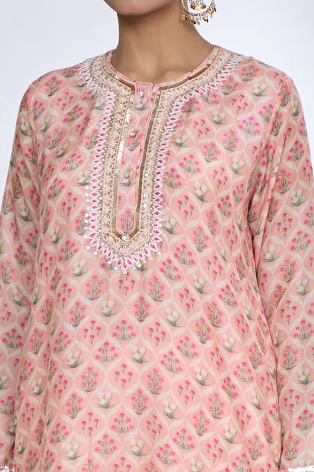 Shop_Gopi Vaid_Pink Cotton, Silk Embroidery Round Neck Flower Jaal Print Top And Pant Co-ord Set 