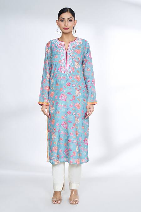 Gopi Vaid_Blue Cotton, Silk Embroidery, Gota Patti Split Floral Print Straight Kurta_Online_at_Aza_Fashions