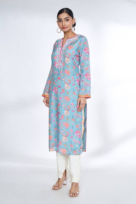 Buy_Gopi Vaid_Blue Cotton, Silk Embroidery, Gota Patti Split Floral Print Straight Kurta_Online_at_Aza_Fashions