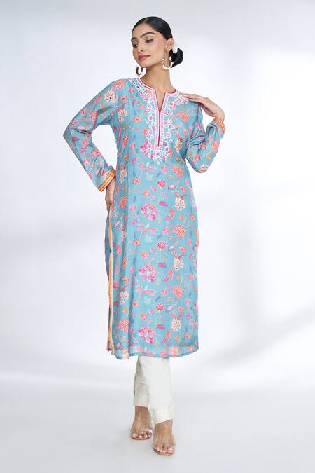 Buy_Gopi Vaid_Blue Cotton, Silk Embroidery, Gota Patti Split Floral Print Straight Kurta