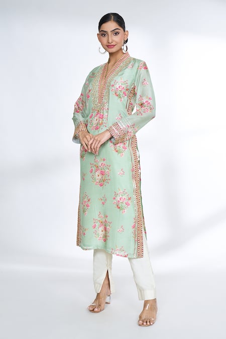 Gopi Vaid Green Cotton, Silk Embroidery Split V-neck Flower Print Straight Kurta Online at Aza Fashions Gopi Vaid_Green Cotton, Silk Embroidery Split V-neck Flower Print Straight Kurta _Online_at_Aza_Fashions