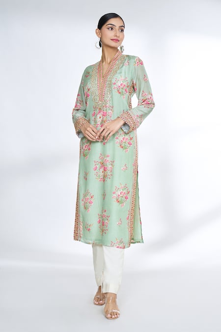 Buy Gopi Vaid Green Cotton, Silk Embroidery Split V-neck Flower Print Straight Kurta Online at Aza Fashions Buy_Gopi Vaid_Green Cotton, Silk Embroidery Split V-neck Flower Print Straight Kurta _Online_at_Aza_Fashions